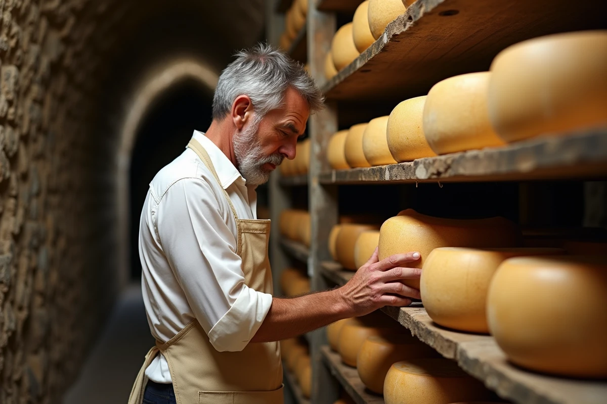 Affineur français inspectant une meule de cantal dans une cave d'affinage en pierre avec des meules de comté en arrière-plan