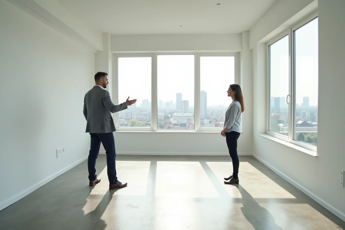 Agent immobilier faisant visiter un appartement vide à une locataire potentielle