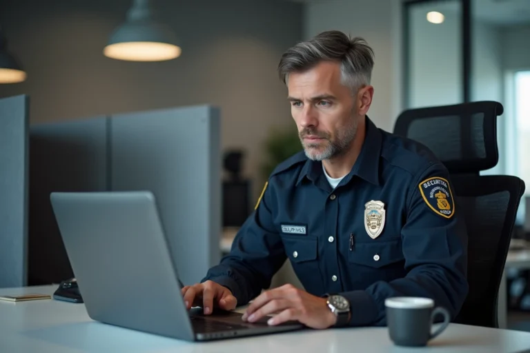 Agent de sécurité Securitas se connectant à son espace personnel sécurisé sur un portail en ligne via un ordinateur portable au bureau