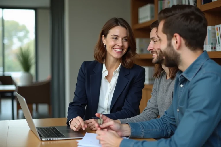 Agent immobilier souriante remettant des clés à un couple