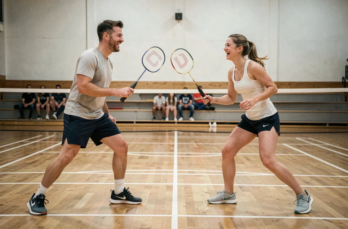 Deux amis jouant au badminton en salle, sport facile et convivial pour débutants et sportifs occasionnels