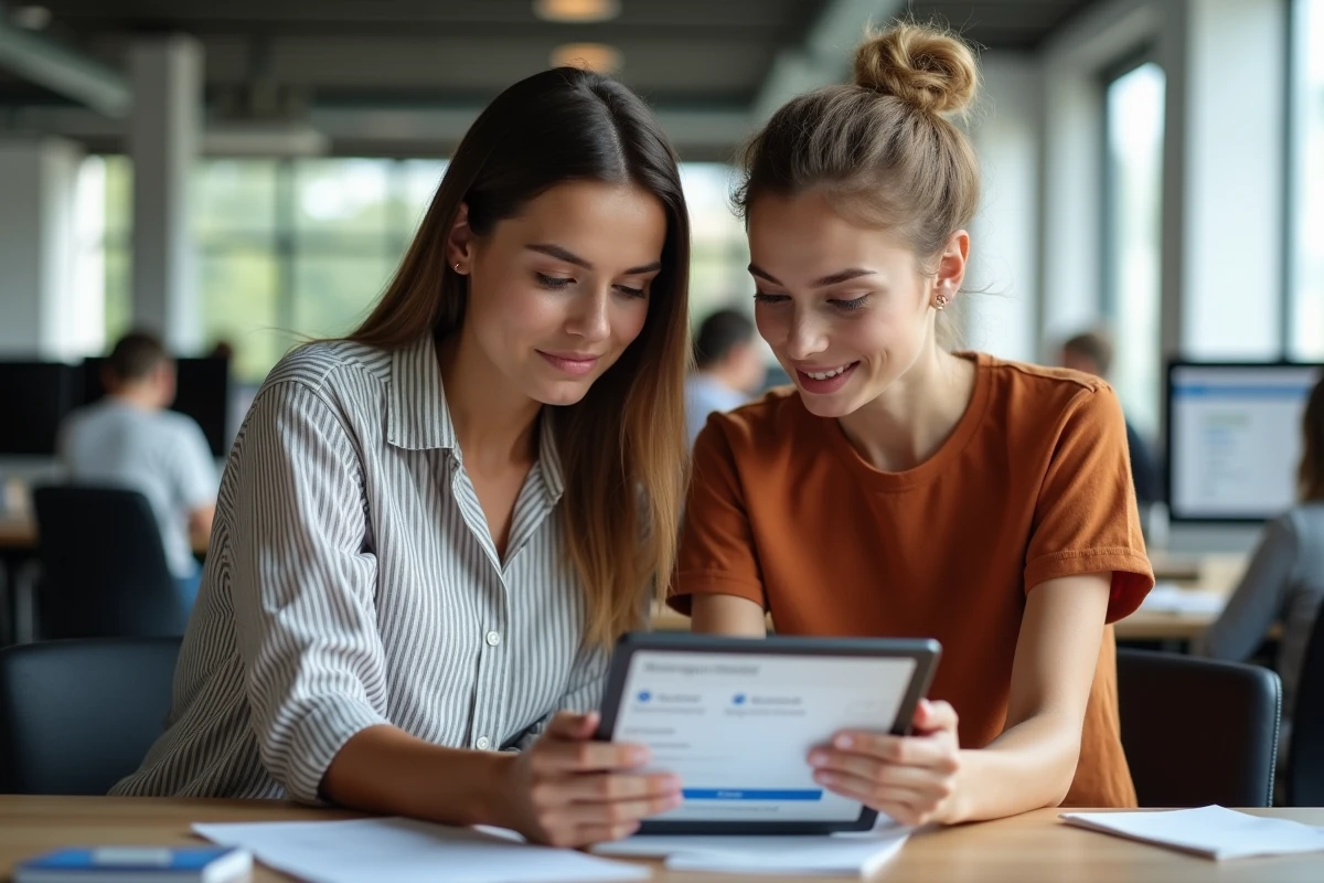 Deux femmes analysant ensemble la fiabilité d'une offre de voyage sur une tablette dans un espace de coworking
