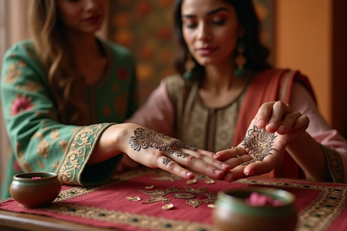 Jeune femme appliquant du henné sur sa main droite avec des motifs floraux géométriques complexes