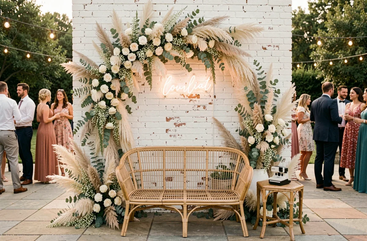 Arche de cérémonie de mariage fleurie réutilisée comme fond de photobooth avec une banquette en rotin vintage et un panneau néon aux initiales des mariés