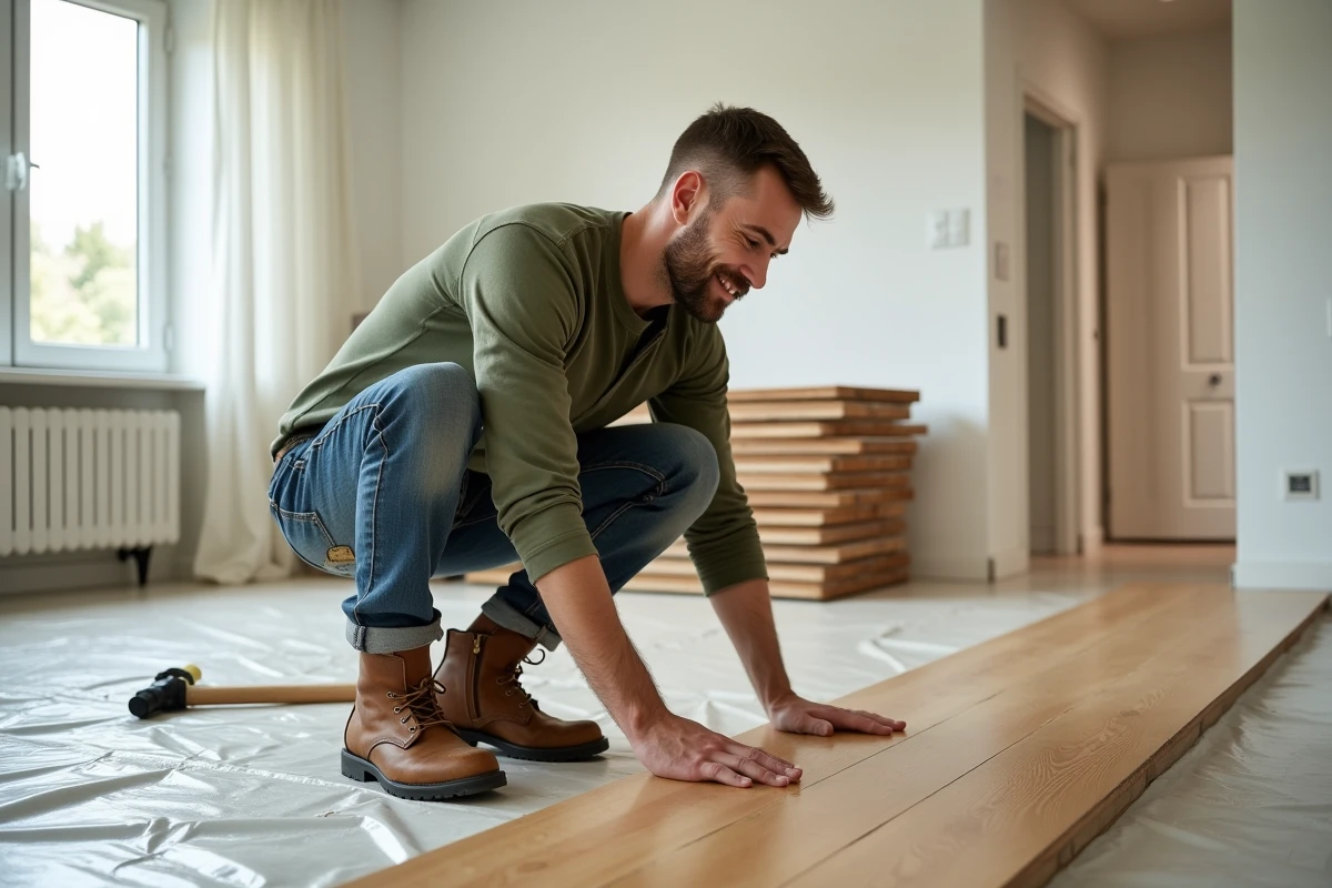 Artisan partenaire inspectant la pose d'un parquet flottant dans un appartement en rénovation