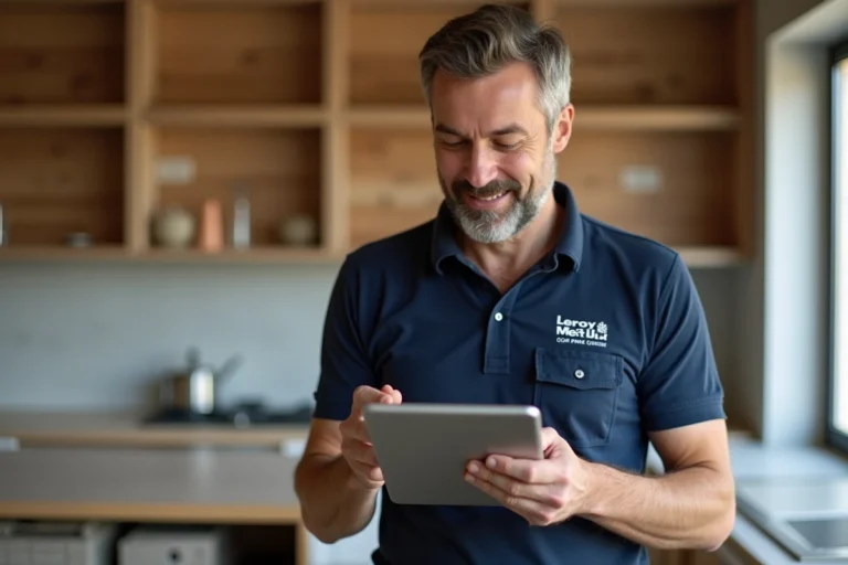 Artisan partenaire Leroy Merlin consultant des plans sur tablette lors d'une rénovation de cuisine