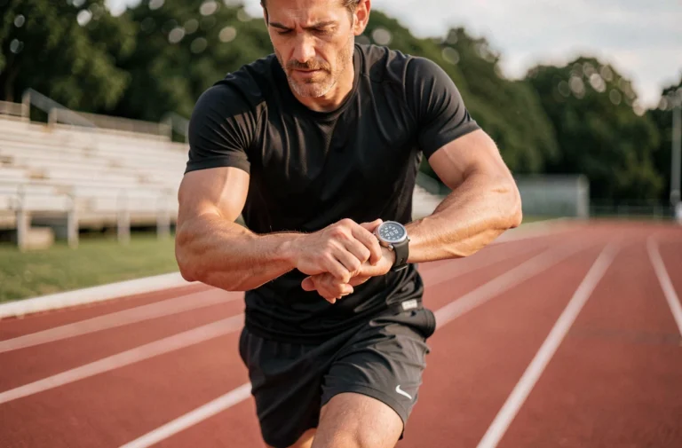 Athlète masculin en cours de course sur piste utilisant un chronomètre sport professionnel au poignet pour mesurer ses performances