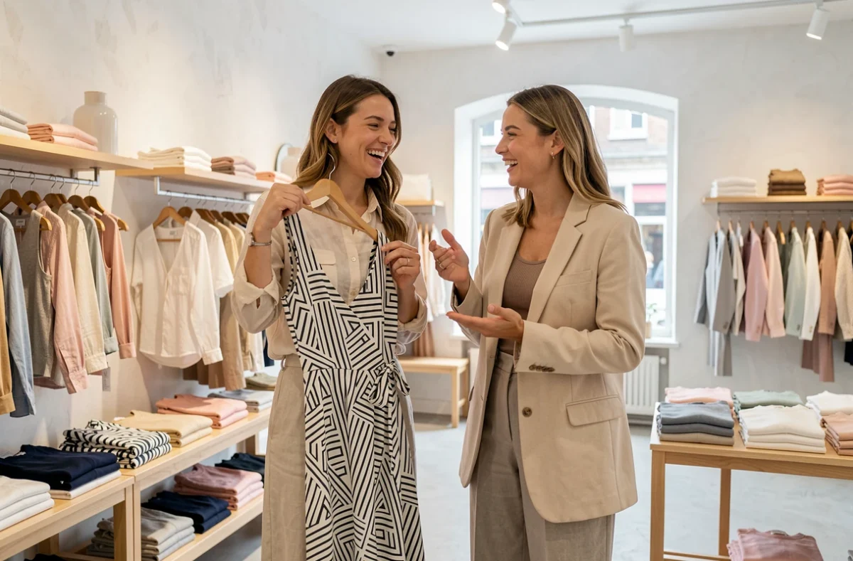 Deux amies comparant des tenues tendance dans une boutique de mode minimaliste à Anvers en 2024