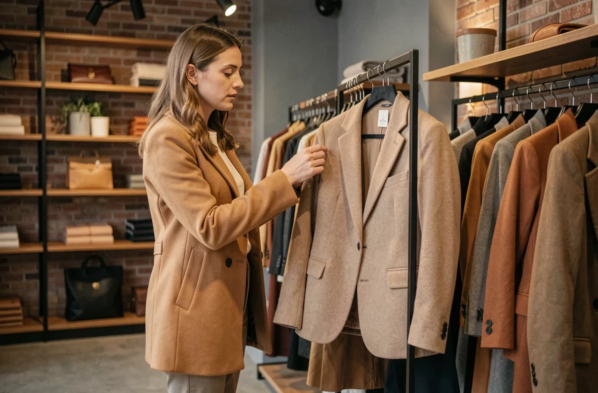 Femme élégante feuilletant des vêtements dans une boutique de mode tendance à Bruxelles en 2024