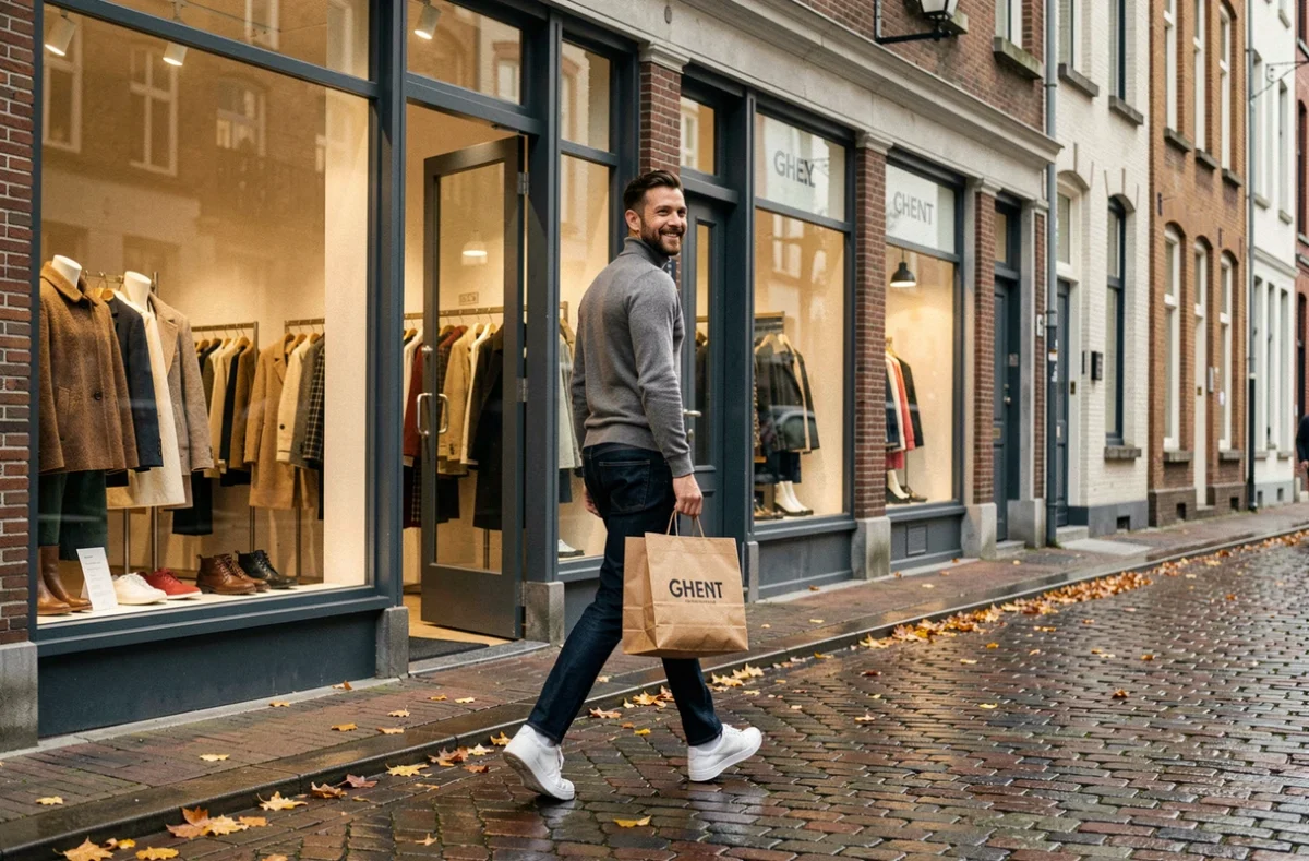 Homme tendance sortant d'une boutique de vêtements branchée dans les rues pavées de Gand en automne