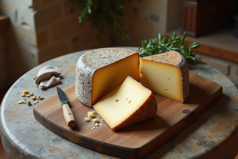 Comparaison visuelle d'un morceau de cantal et d'un morceau de comté côte à côte sur une planche en bois rustique dans une cuisine de ferme française