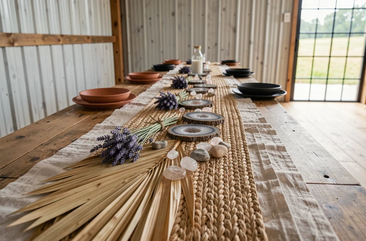 Chemin de table de mariage en lin brut, feuille de palmier séchée et jonc de mer tressé avec des galets de quartz et des tranches d'agate posées directement dessus