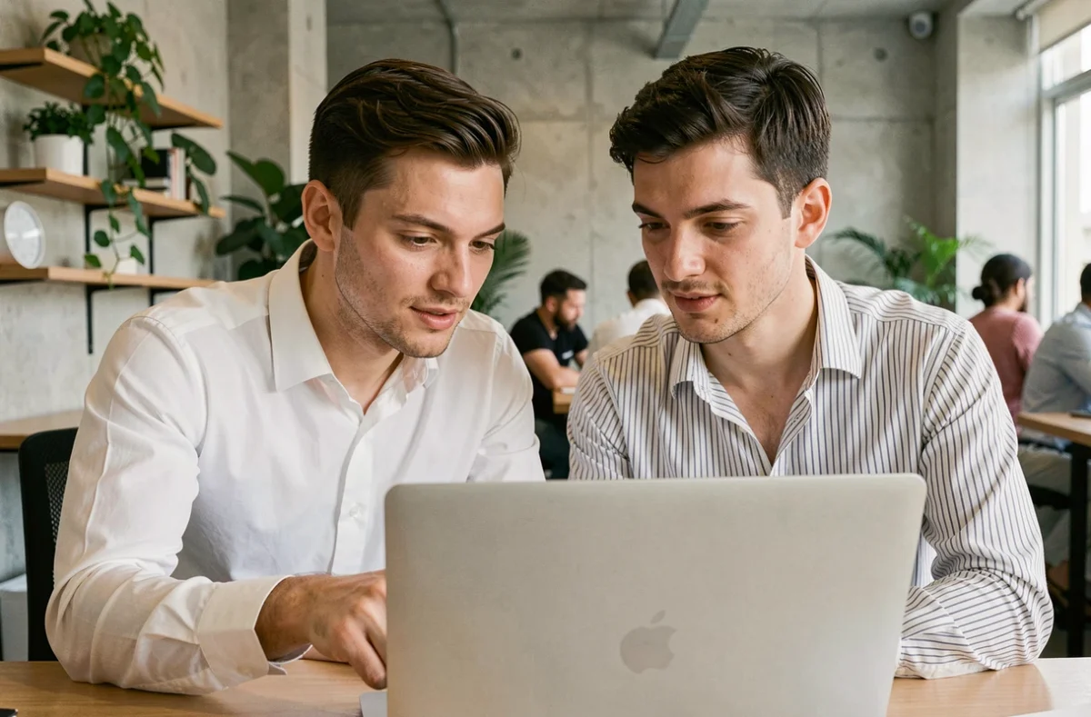 Deux collègues partageant et discutant des dernières tendances de l'information en ligne autour d'un ordinateur portable au bureau