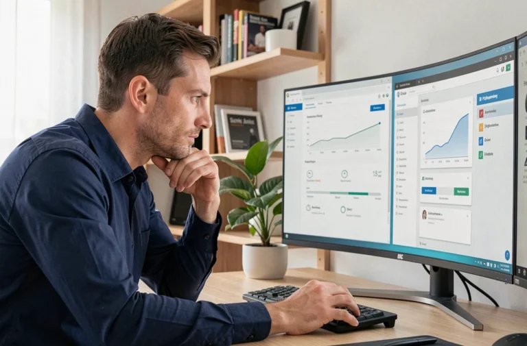 Homme comparant les interfaces d'Avast et CCleaner sur un grand écran d'ordinateur dans un bureau moderne