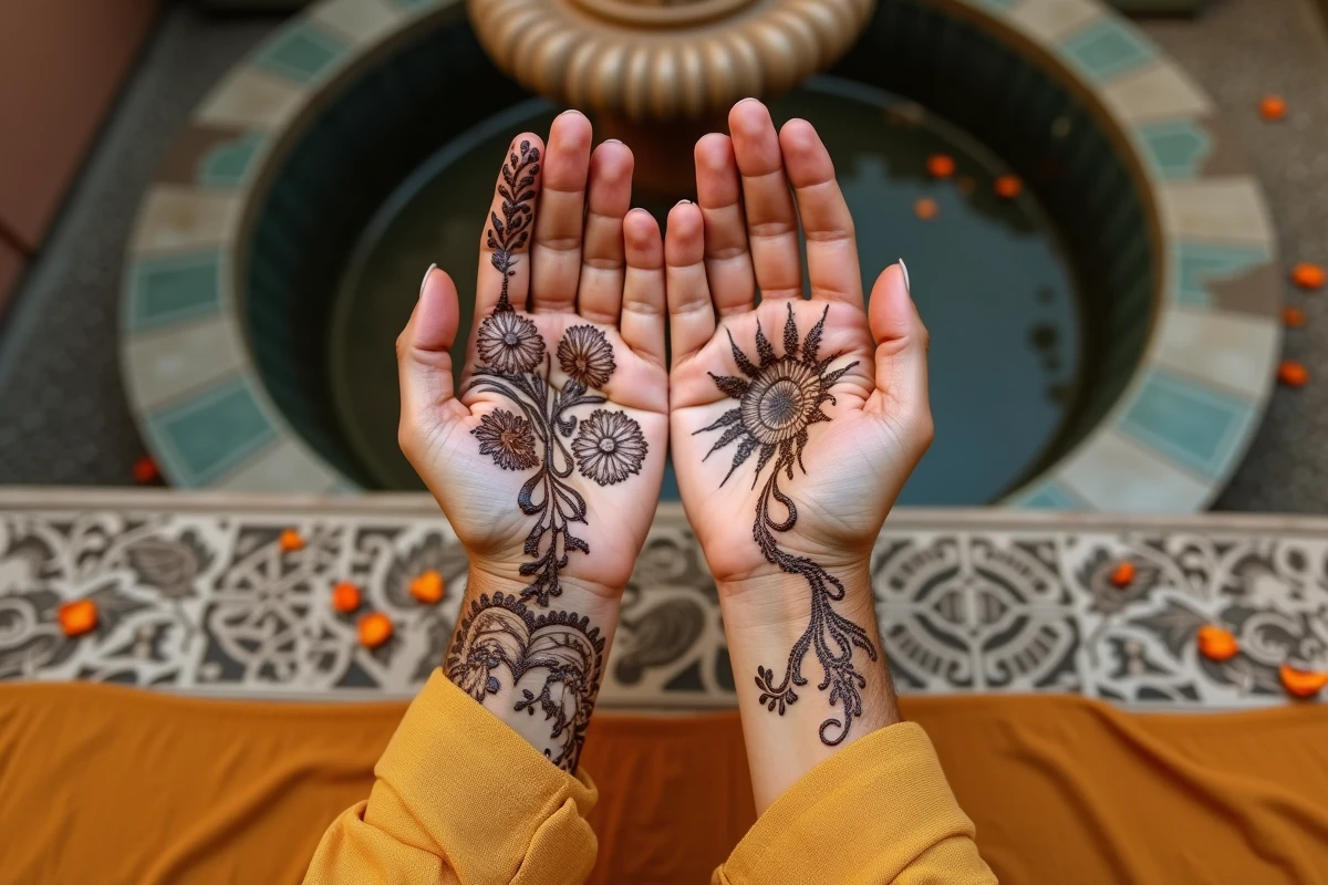 Comparaison des deux mains d'une femme, une ornée de henné et l'autre sans motif, dans une cour marocaine