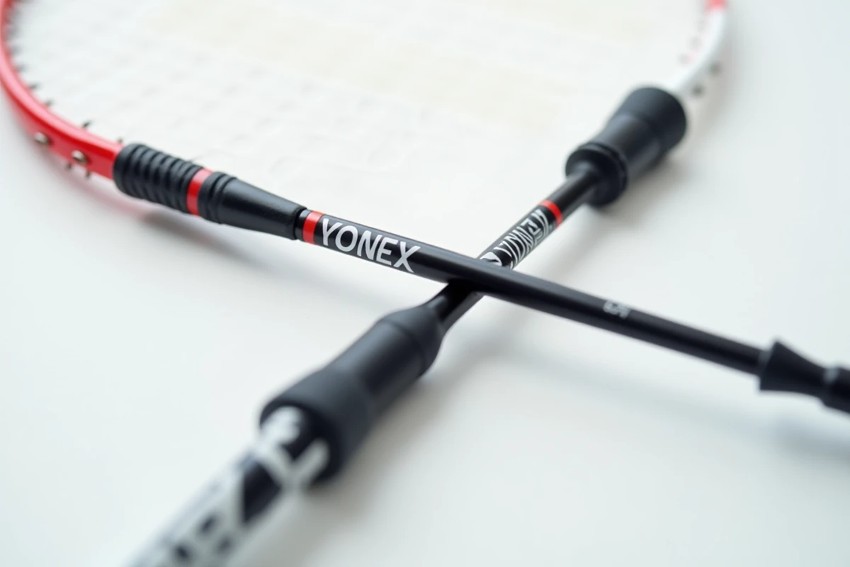 Comparaison côte à côte d'une vraie raquette Yonex et d'une contrefaçon, montrant les différences de finition et de logo