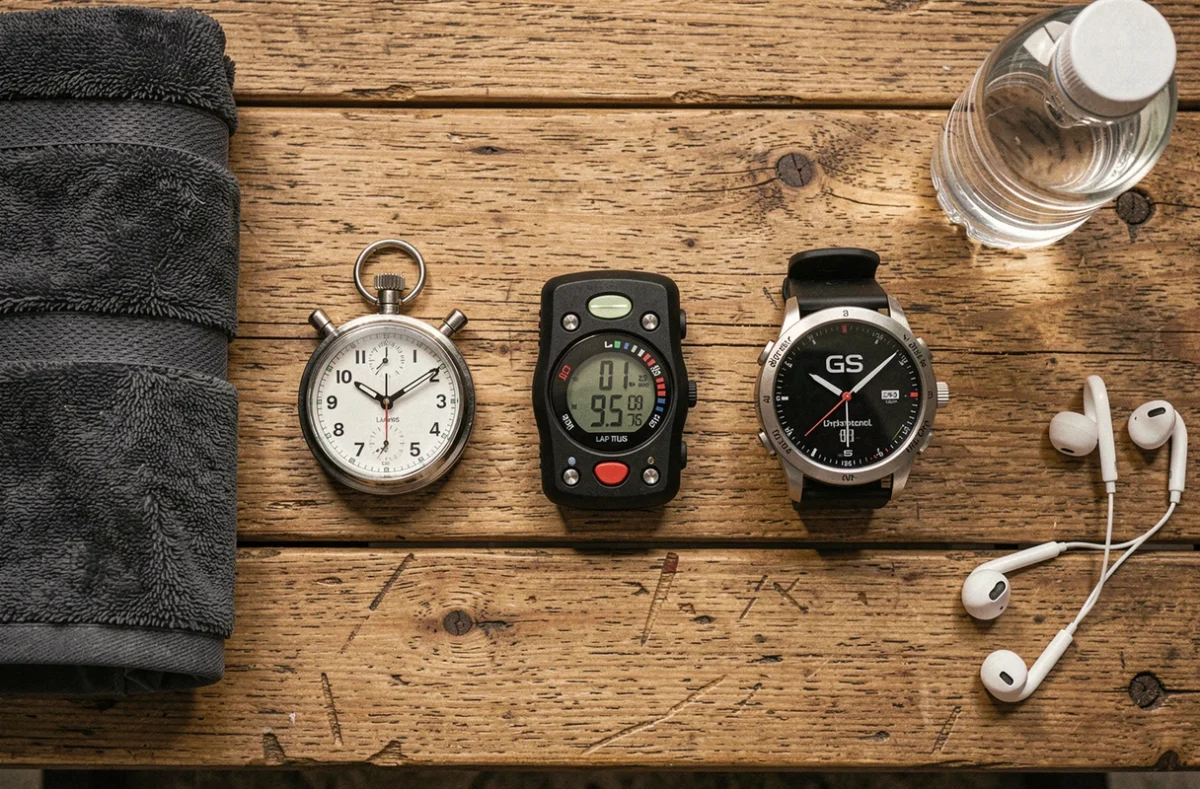 Vue à plat de trois chronomètres sport comparés côte à côte sur un banc en bois de vestiaire, guide d'achat visuel