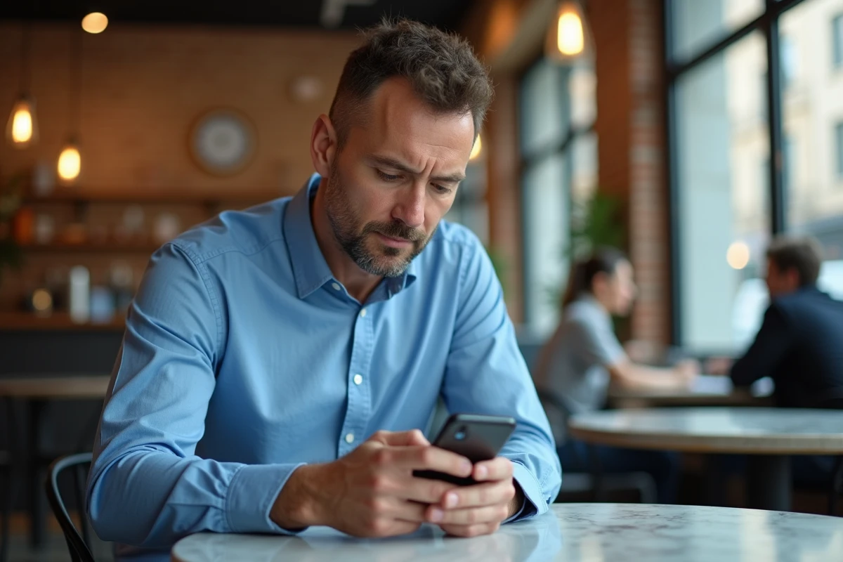 Homme comparant des plateformes de réservation en ligne sur smartphone dans un café pour vérifier leur fiabilité