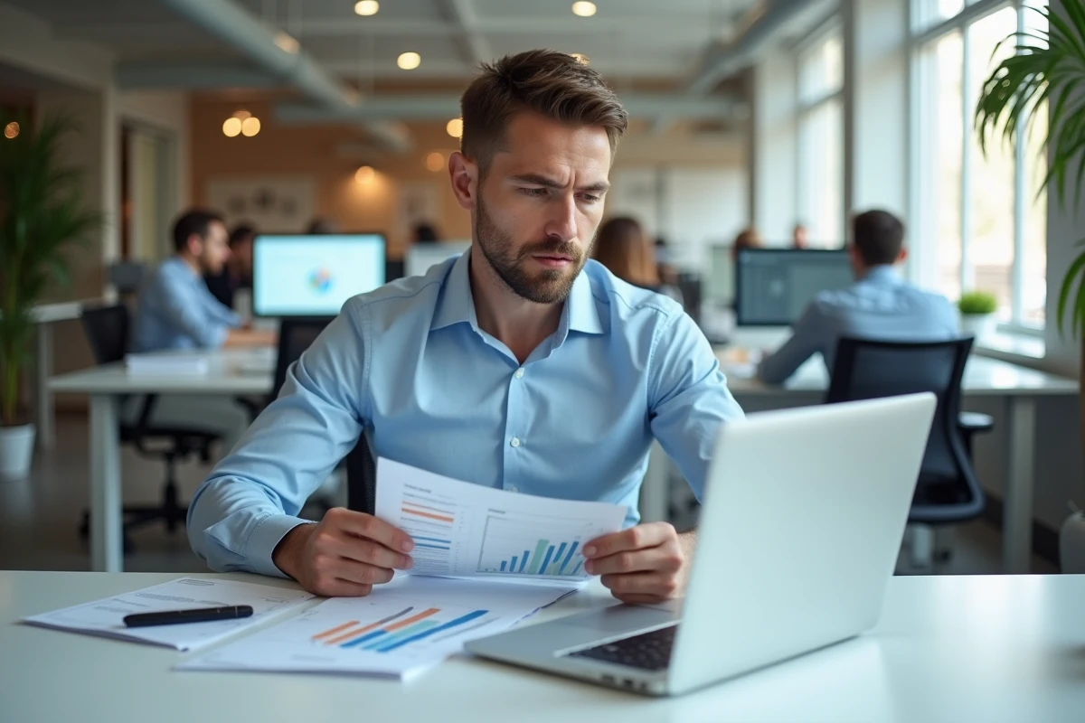 Conseiller en emploi analysant des données salariales sur un ordinateur portable dans un bureau moderne