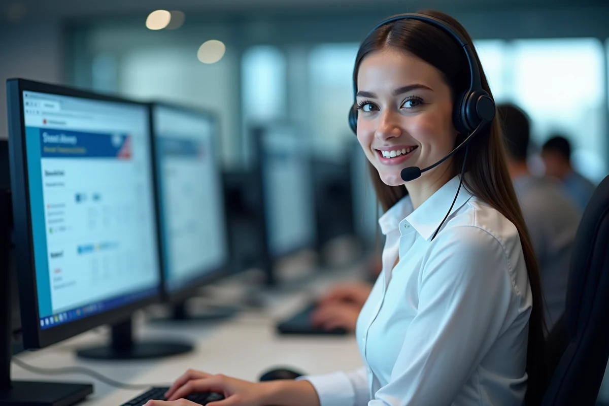 Conseillère du service client Flying Blue avec casque téléphonique dans un centre d'appels professionnel