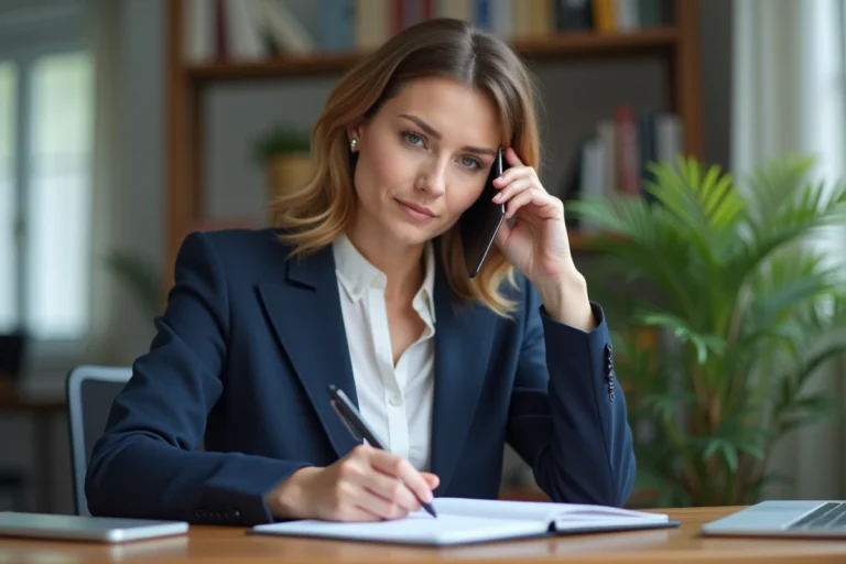 Femme au téléphone avec le service client Flying Blue, prenant des notes dans un bureau à domicile
