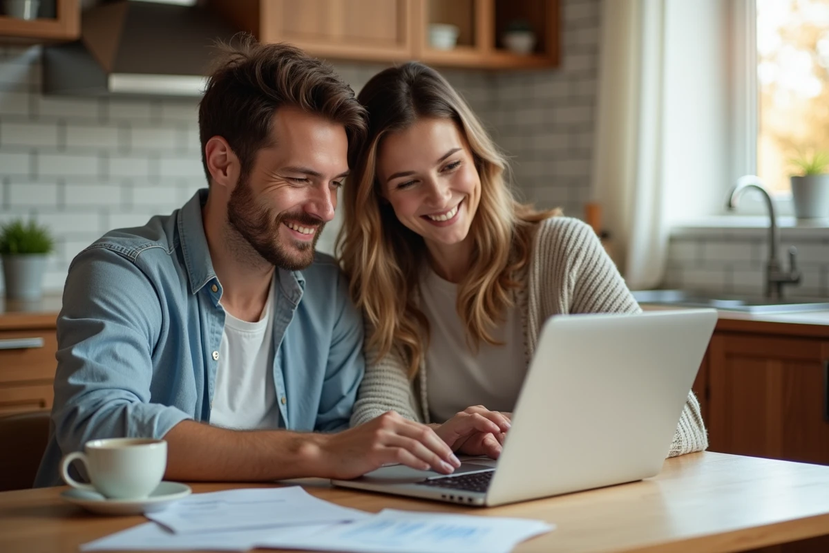 Couple consultant leurs comptes bancaires en ligne ensemble à la table de cuisine avec des documents financiers