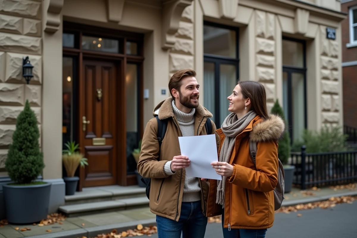 Couple visitant un immeuble résidentiel pour une location de logement en ville