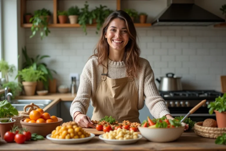Femme souriante préparant des plats faits maison dans une cuisine chaleureuse