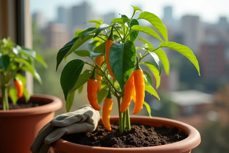 Plant d'aji amarillo en pot sur un balcon urbain avec des piments orange-jaune mûrs