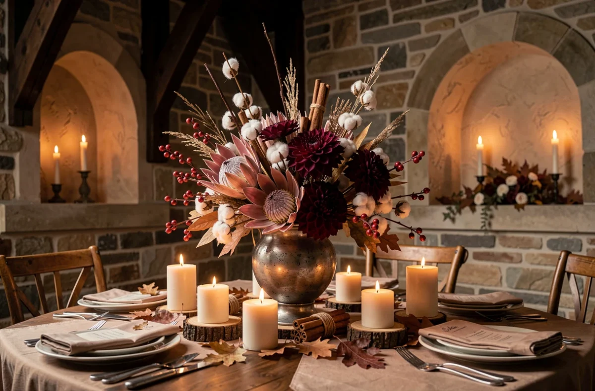 Décoration de mariage automnal et hivernal avec des pivoines séchées, proteas, bâtons de cannelle et feuilles de chêne dans un vase en étain patiné