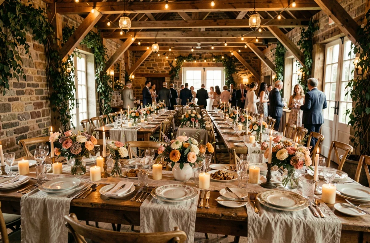 Vue d'ensemble d'une salle de réception de mariage décorée avec des fleurs de saison, des bougies artisanales et une vaisselle dépareillée sur de longues tables en bois