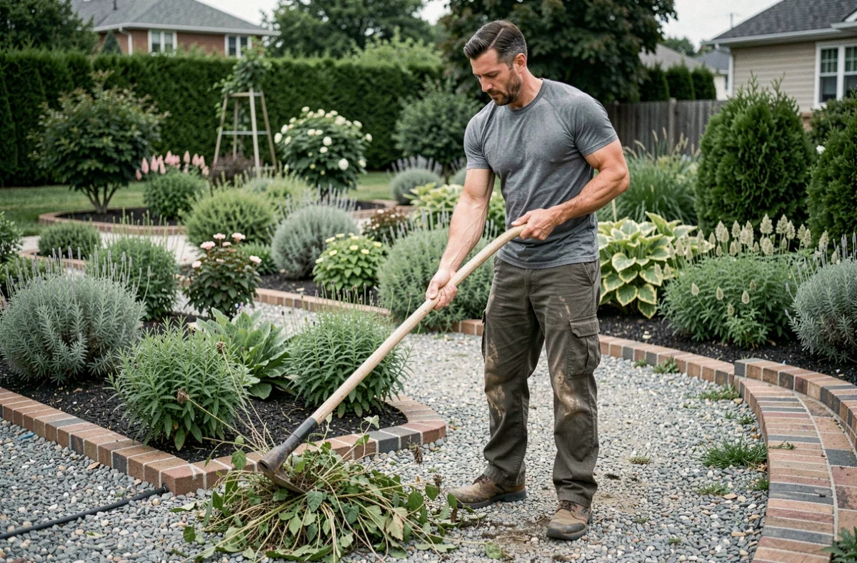 Homme utilisant une binette manuelle pour désherber les allées d'un jardin ornemental soigné en banlieue