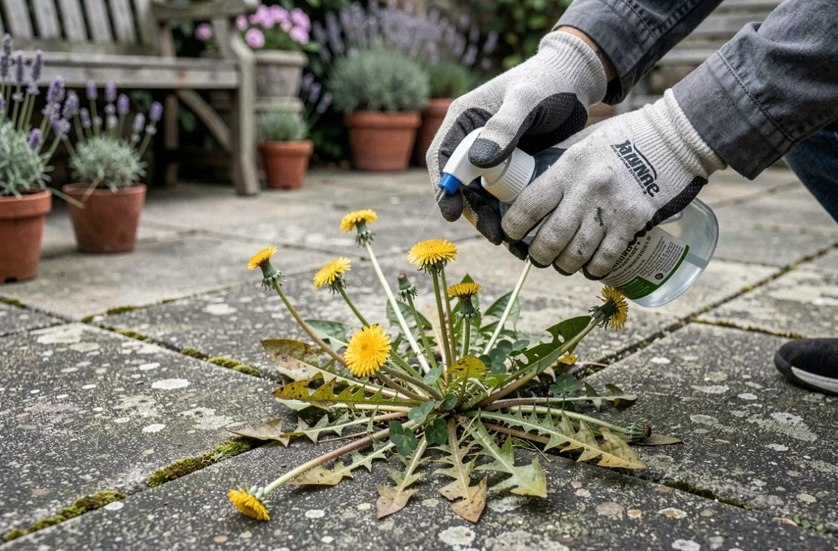 Gros plan de mains gantées appliquant un désherbant naturel sur des pissenlits entre des dalles de terrasse en béton