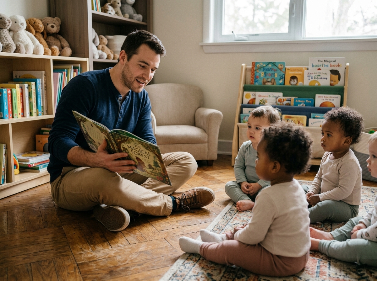 Éducateur masculin lisant une histoire à des tout-petits dans un coin lecture d'une salle de crèche