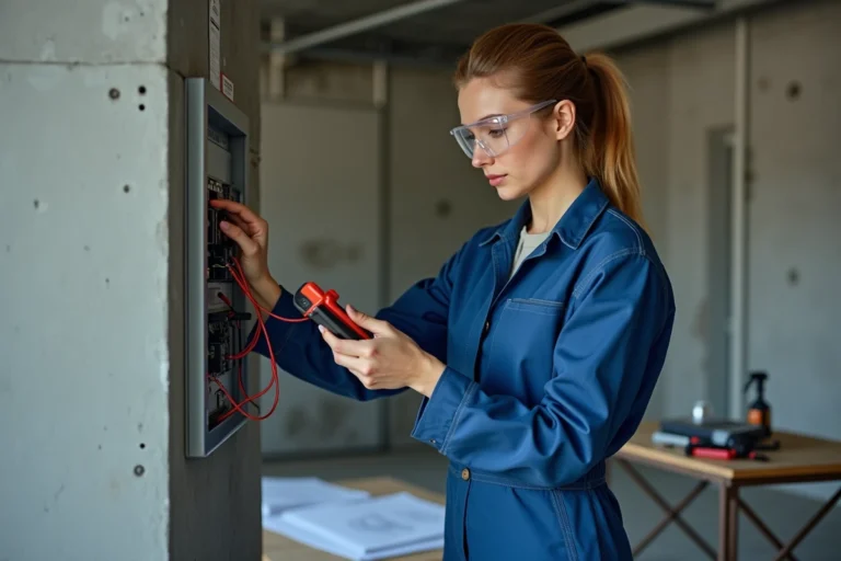 Électricienne professionnelle examinant un tableau électrique sur un chantier de construction moderne