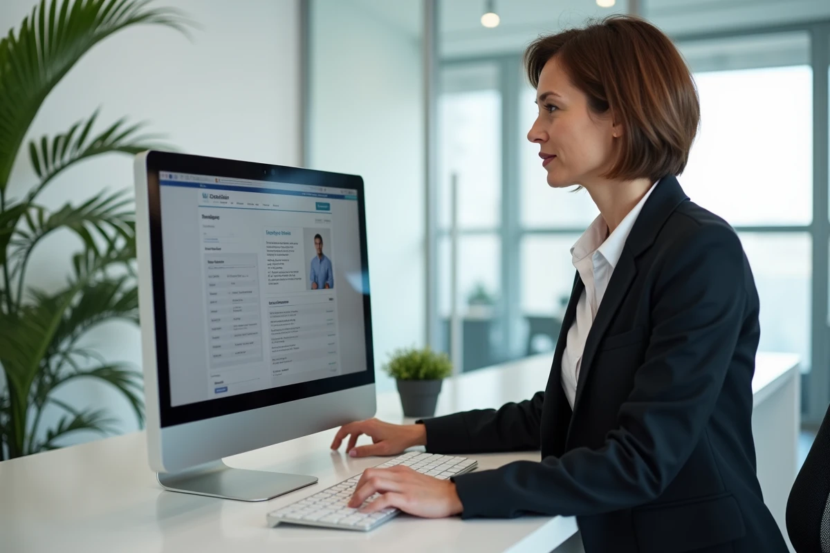 Femme employée accédant à un espace sécurisé sur un portail entreprise Securitas depuis un poste de travail en open space