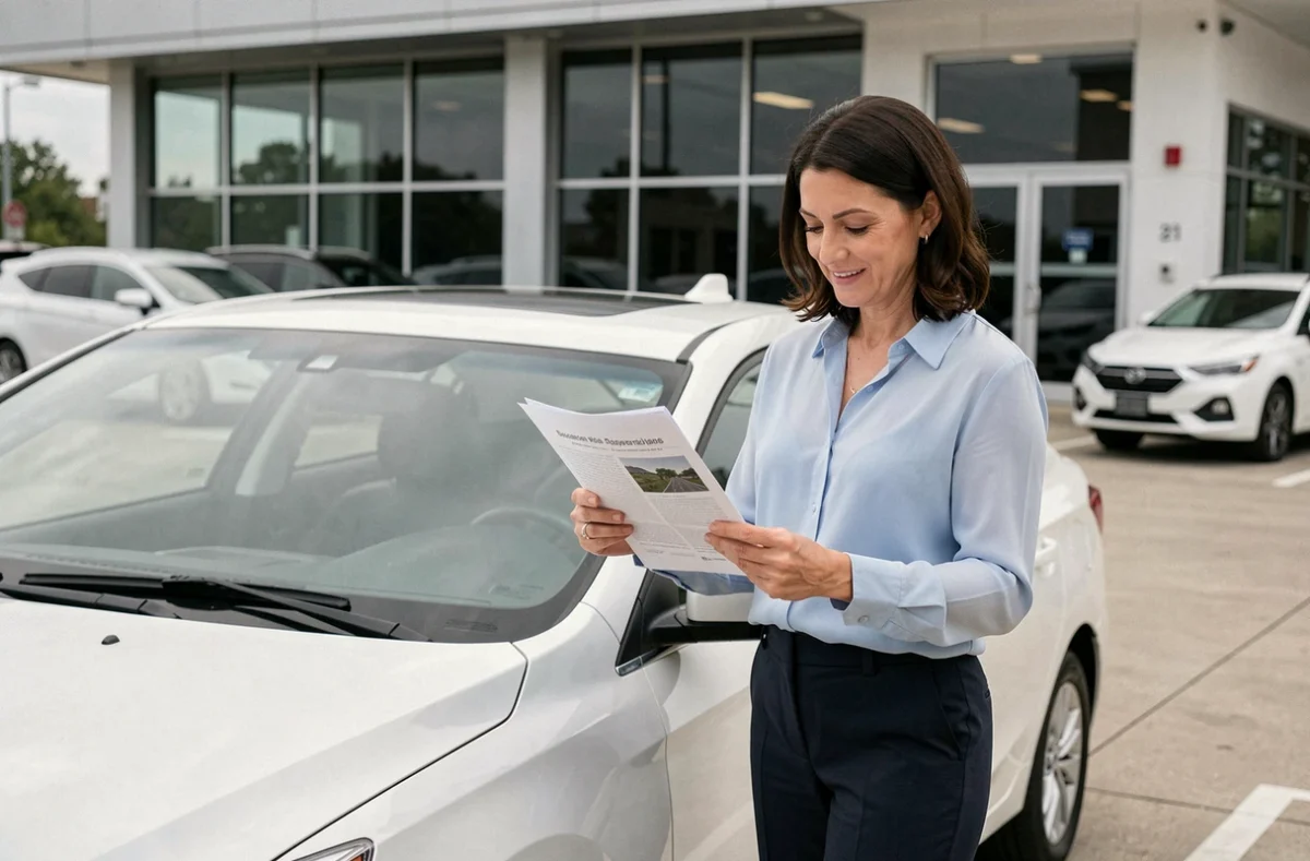 Femme employée du secteur hospitalier examinant un document CGOS devant une voiture d'occasion dans un parking de concessionnaire