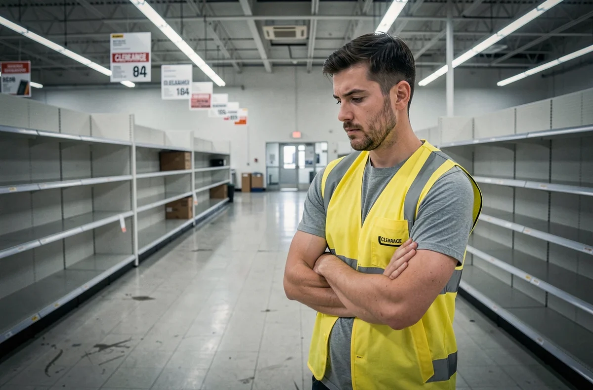 Employé Gifi seul dans un magasin presque vide aux rayons désertés, symbolisant la fin d'activité et les conséquences sociales des fermetures de magasins Gifi