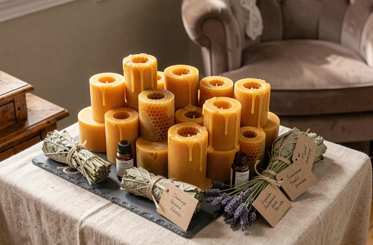 Espace olfactif de mariage avec des bougies artisanales en cire d'abeille et soja, des flacons d'huiles essentielles et des bouquets de sauge et lavande séchées