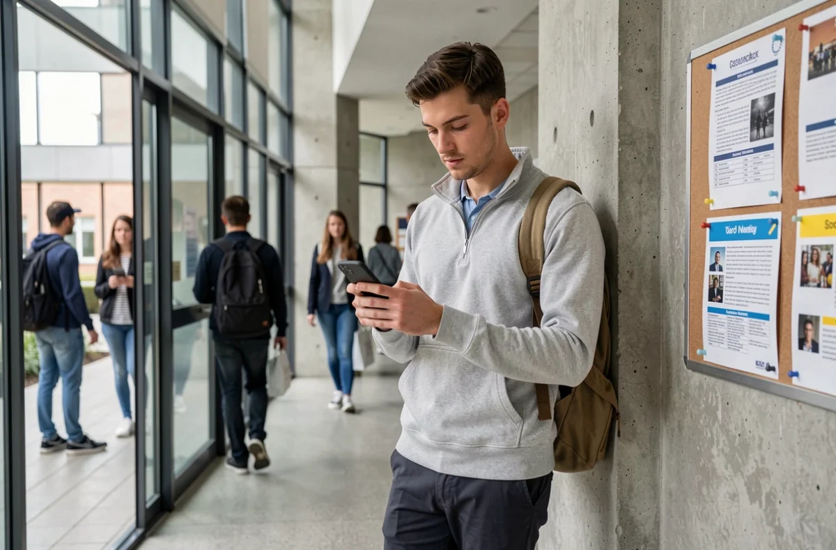 Étudiant vérifiant son emploi du temps sur smartphone dans un couloir de l'Université d'Angers