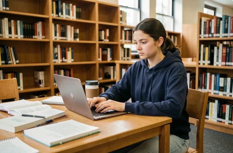 Étudiante consultant son emploi du temps universitaire sur un ordinateur portable dans une bibliothèque de l'Université d'Angers