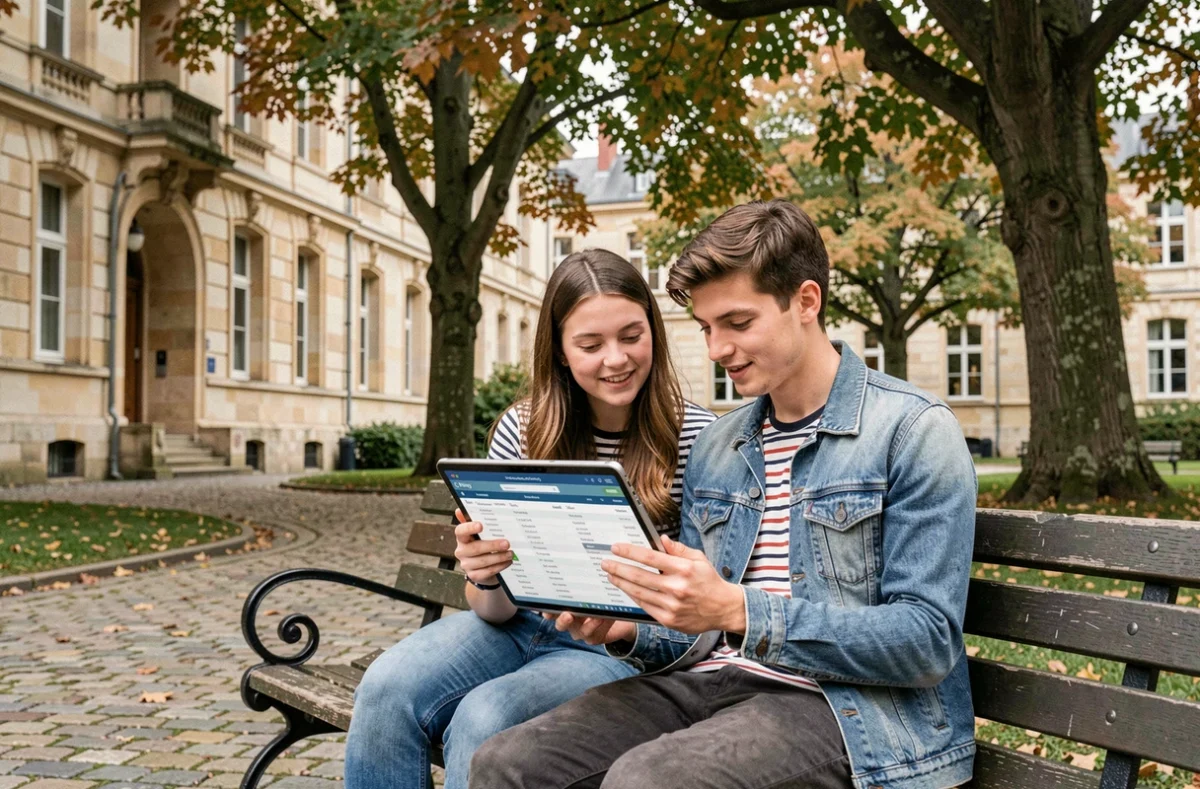 Deux étudiants consultant ensemble un emploi du temps universitaire sur une tablette dans la cour de l'Université d'Angers