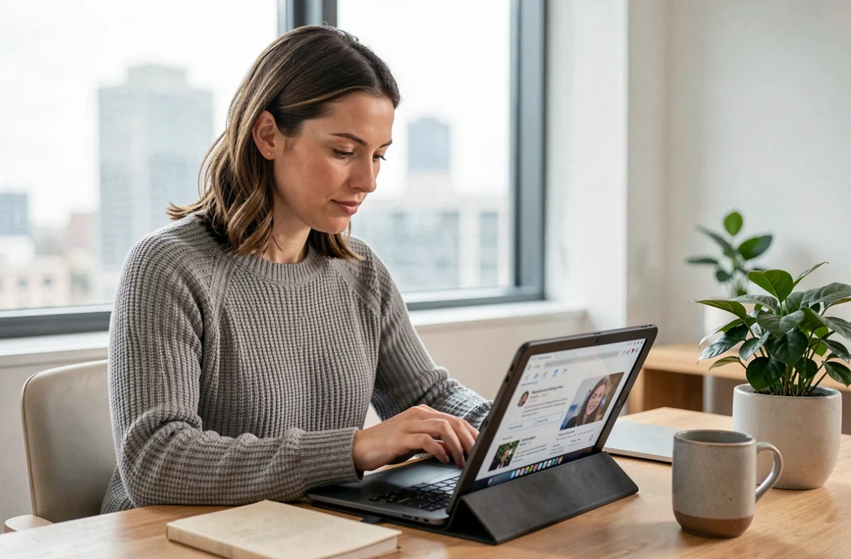 Femme consultant les dernières actualités en ligne sur une tablette dans un bureau à domicile moderne