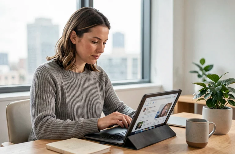 Femme consultant les dernières actualités en ligne sur une tablette dans un bureau à domicile moderne