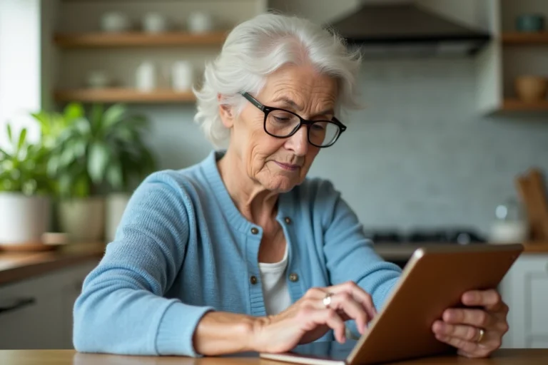Femme âgée lisant une tablette dans une cuisine chaleureuse