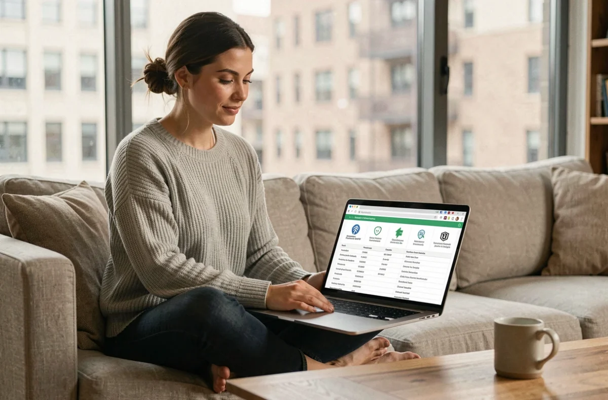 Femme analysant une comparaison de logiciels de sécurité informatique sur un ordinateur portable dans un salon