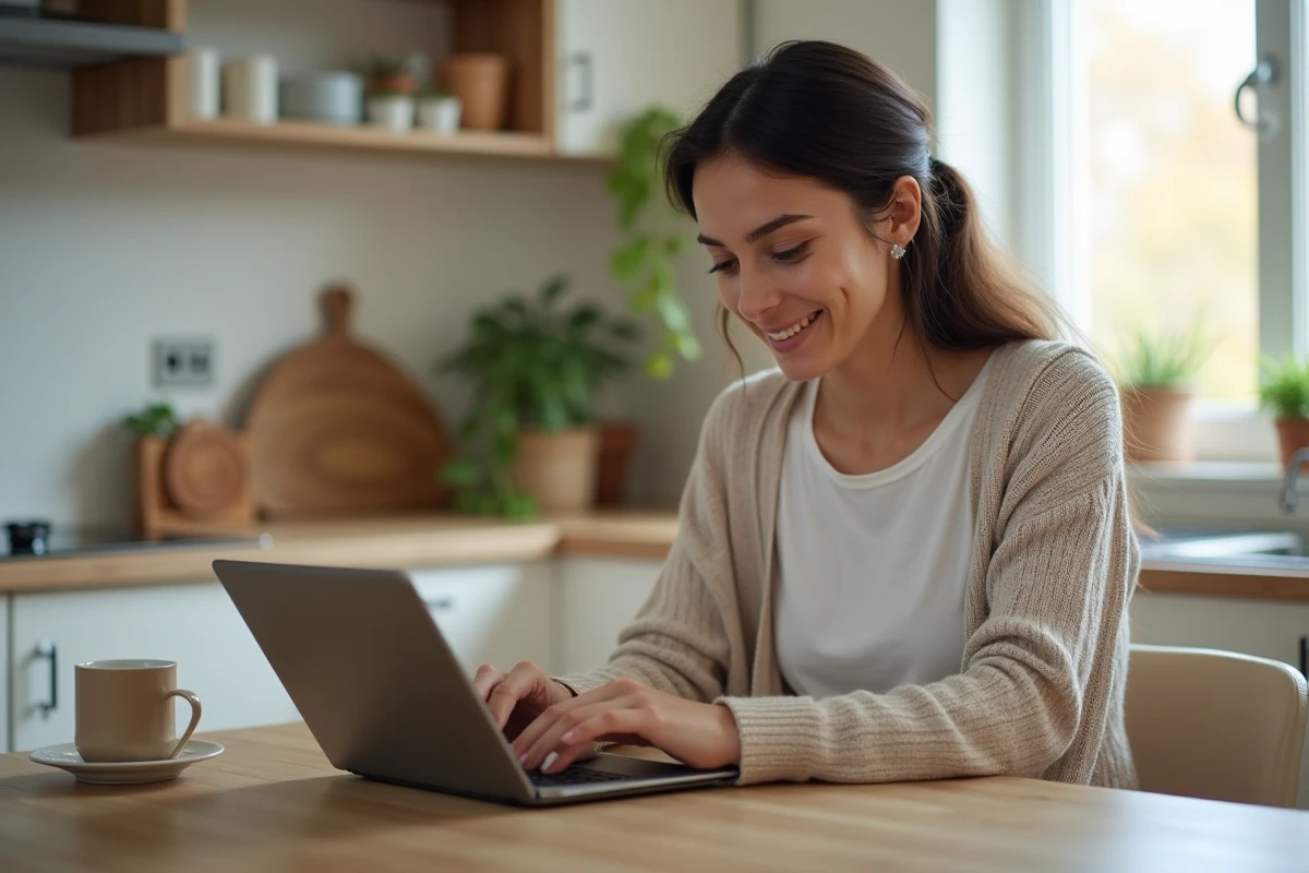 Jeune femme regardant une tablette dans une cuisine lumineuse