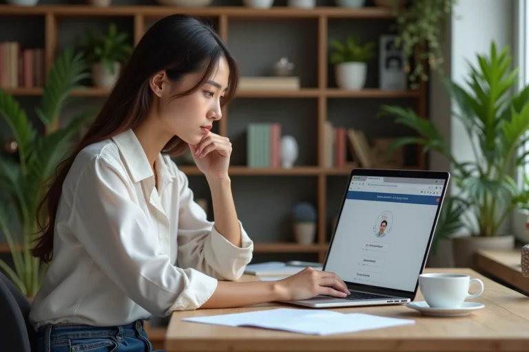 Femme assise à un bureau avec ordinateur affichant Pappers