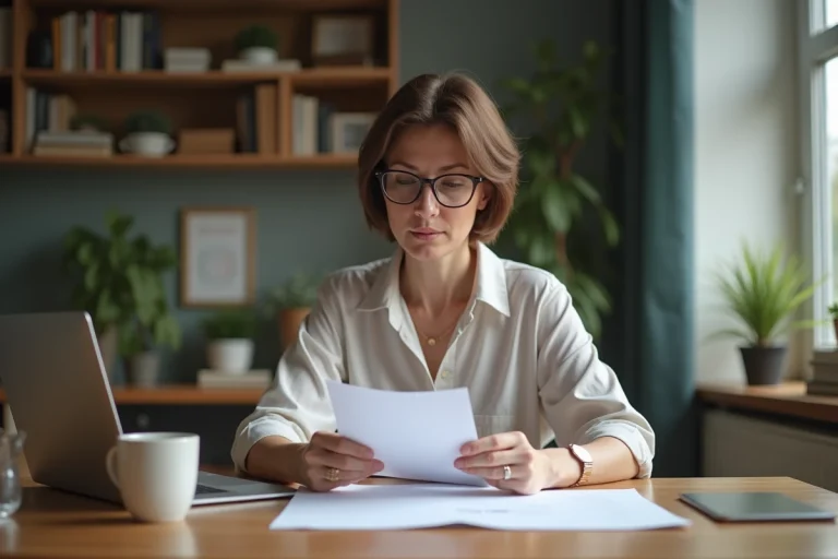 Femme d'âge moyen au bureau à domicile avec papiers et ordinateur