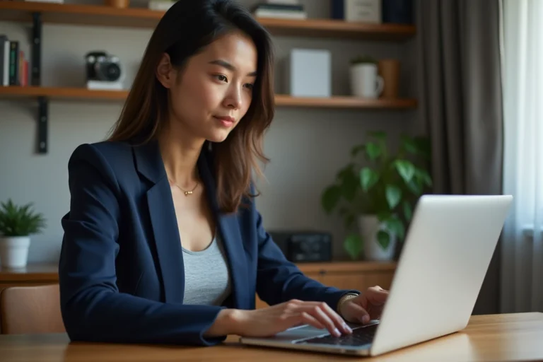 Jeune femme au bureau avec ordinateur portable moderne